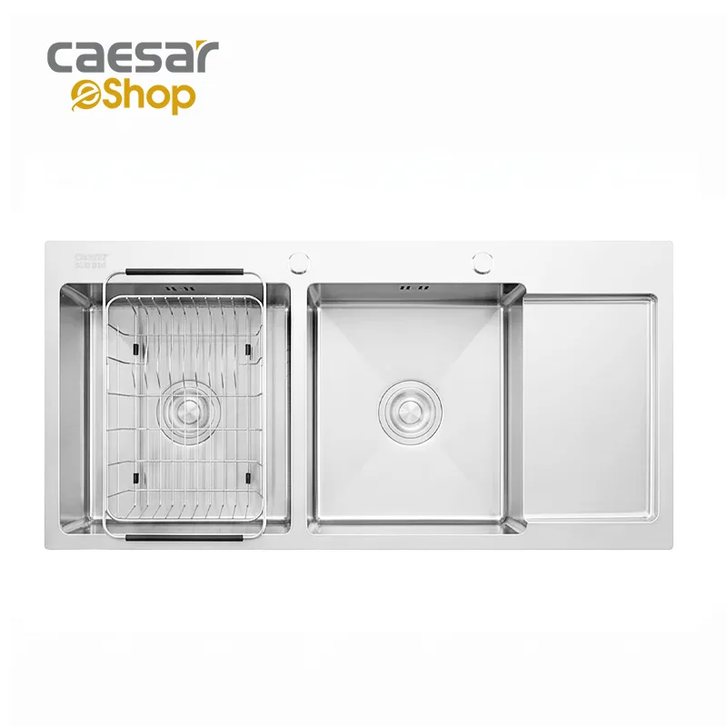 Chậu rửa chén inox 2 hộc có bàn ráo nước - KSH22H100SX Caesar — ảnh sản phẩm 1